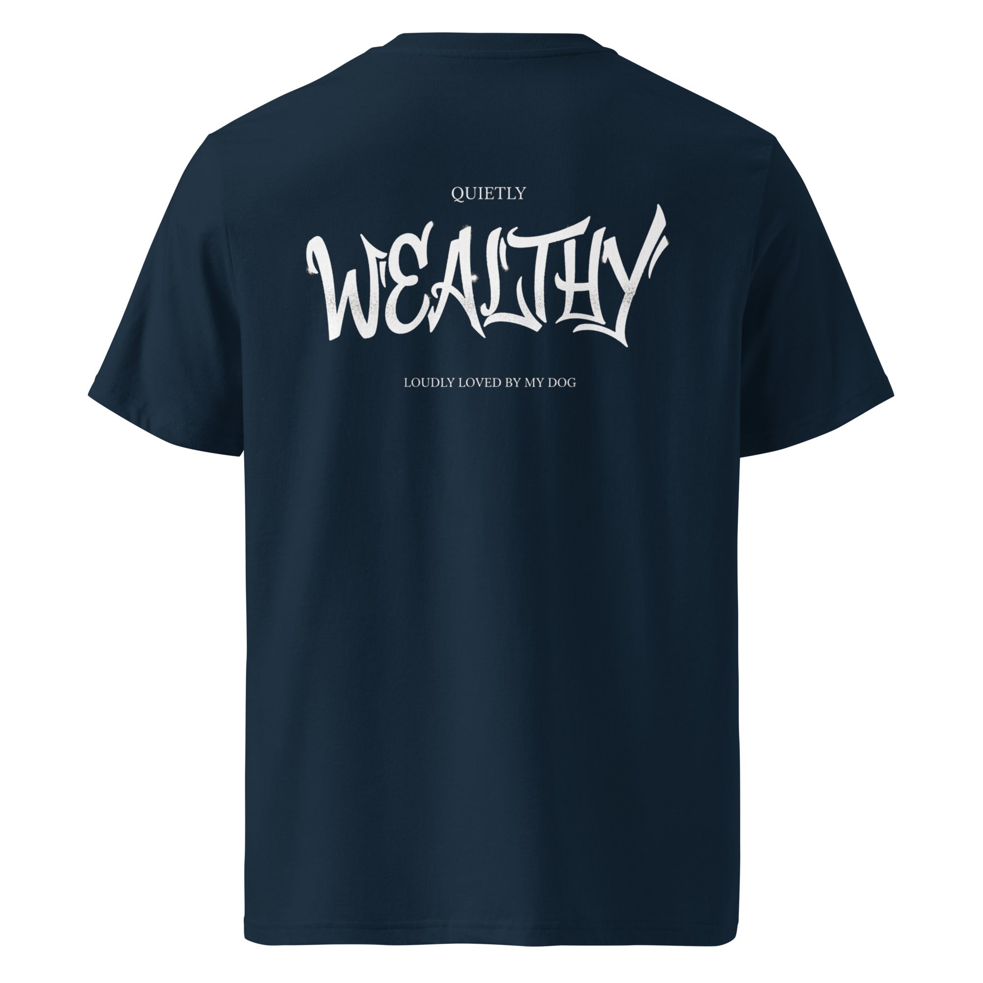 Dunkelblaues Bio-Baumwoll-T-Shirt mit Schriftzug WEALTHY auf der Rückseite