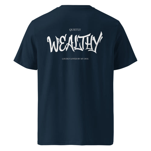 Dunkelblaues Bio-Baumwoll-T-Shirt mit Schriftzug WEALTHY auf der Rückseite