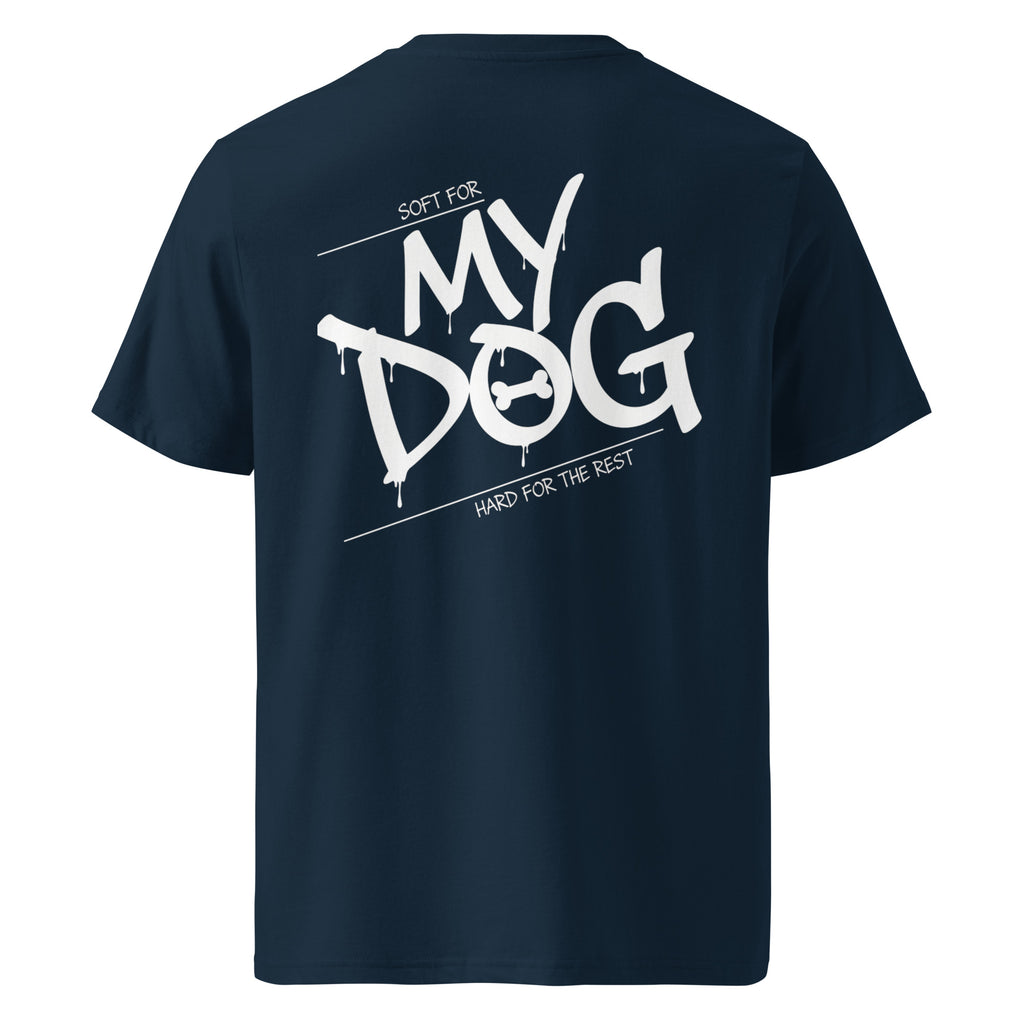 French‑Navy T‑Shirt mit Rückenprint „MY DOG“ und weißem Grafikmotiv
