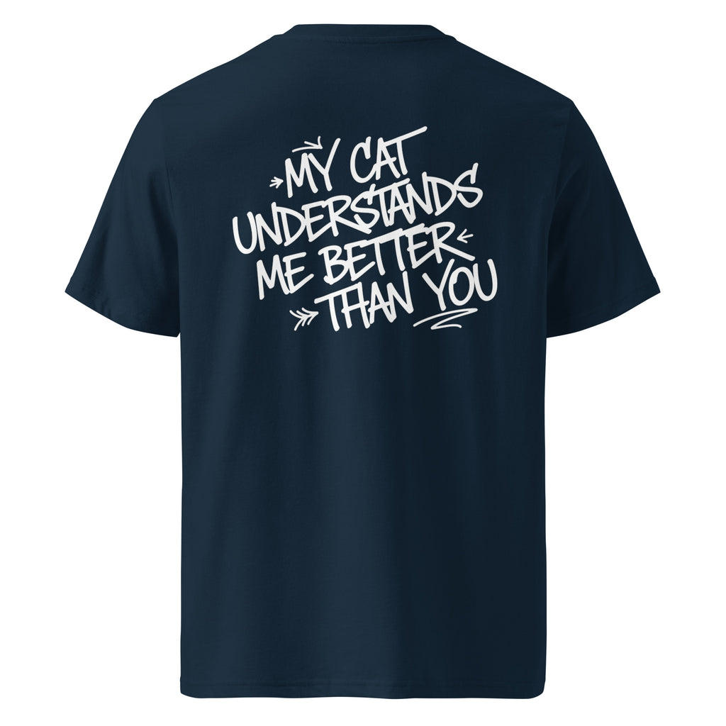 Dunkelblaues Statement-T-Shirt mit Katzen-Aufdruck auf der Rückseite