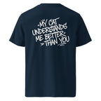 Dunkelblaues Statement-T-Shirt mit Katzen-Aufdruck auf der Rückseite