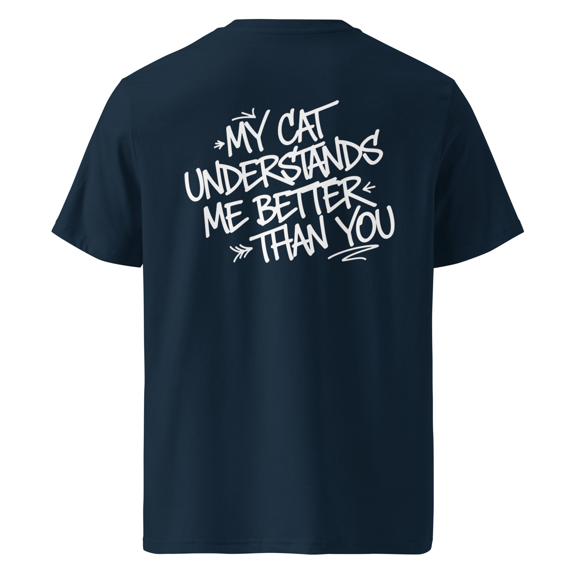 Dunkelblaues Statement-T-Shirt mit Katzen-Aufdruck auf der Rückseite