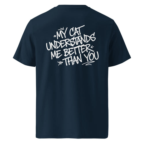 Dunkelblaues Statement-T-Shirt mit Katzen-Aufdruck auf der Rückseite