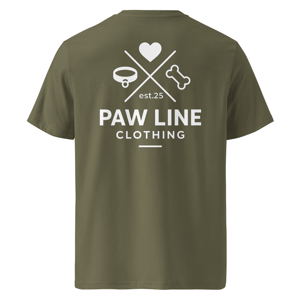 Olivefarbenes T-Shirt mit Rückenprint „PAW LINE CLOTHING“