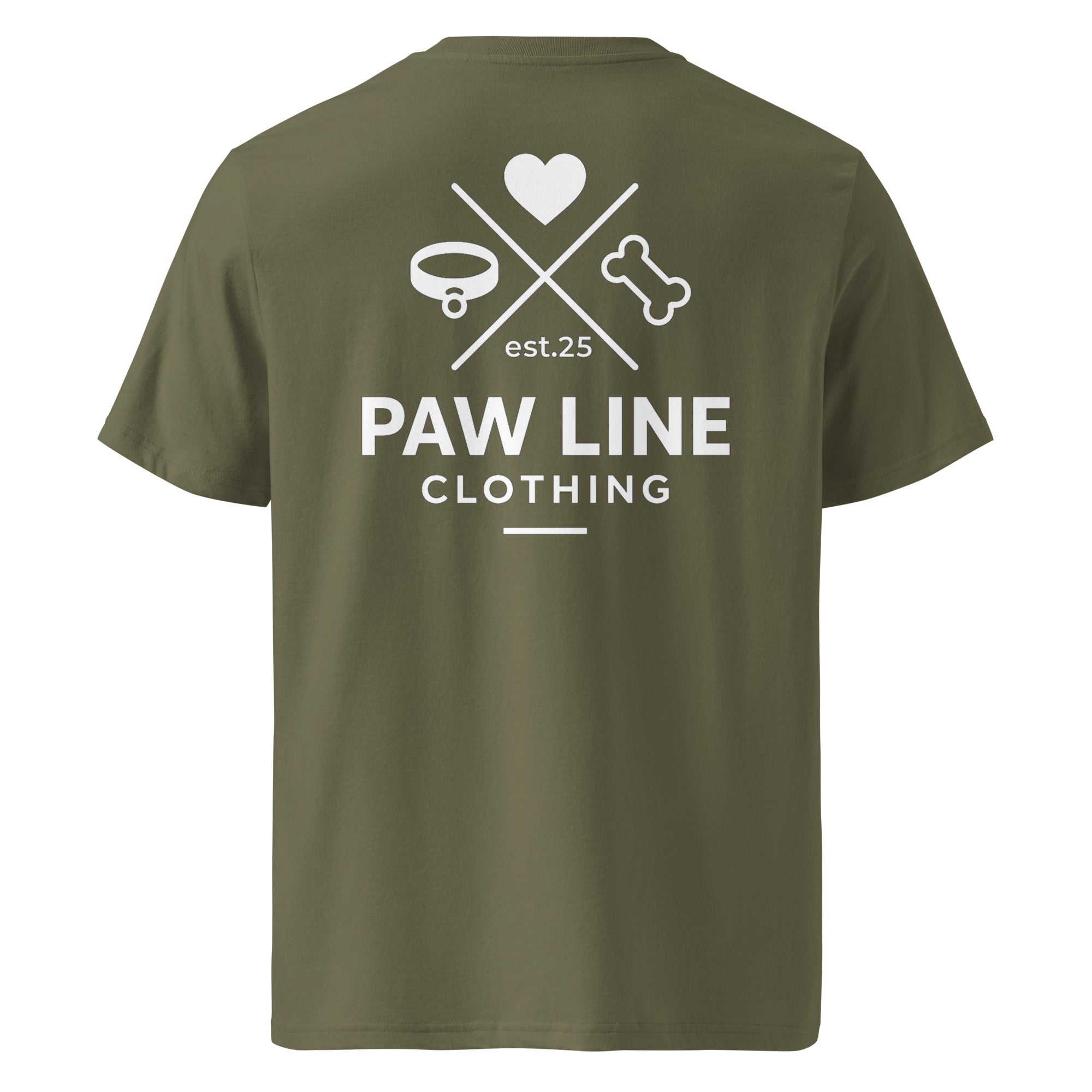 Olivefarbenes T-Shirt mit Rückenprint „PAW LINE CLOTHING“