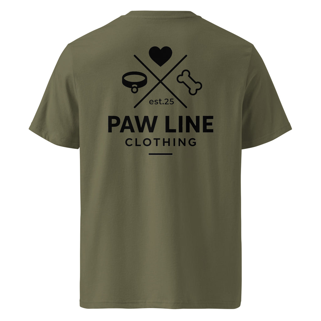 Bio-Baumwoll-T-Shirt in Oliv mit Rückenprint „PAW LINE“ und Herz-/Knochen-Logo