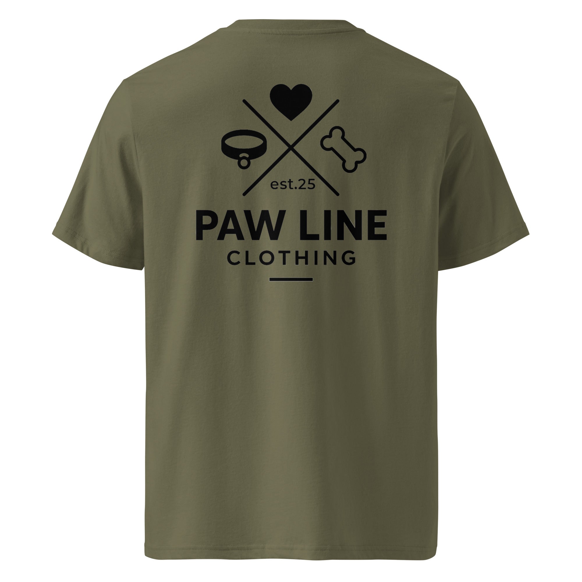 Bio-Baumwoll-T-Shirt in Oliv mit Rückenprint „PAW LINE“ und Herz-/Knochen-Logo