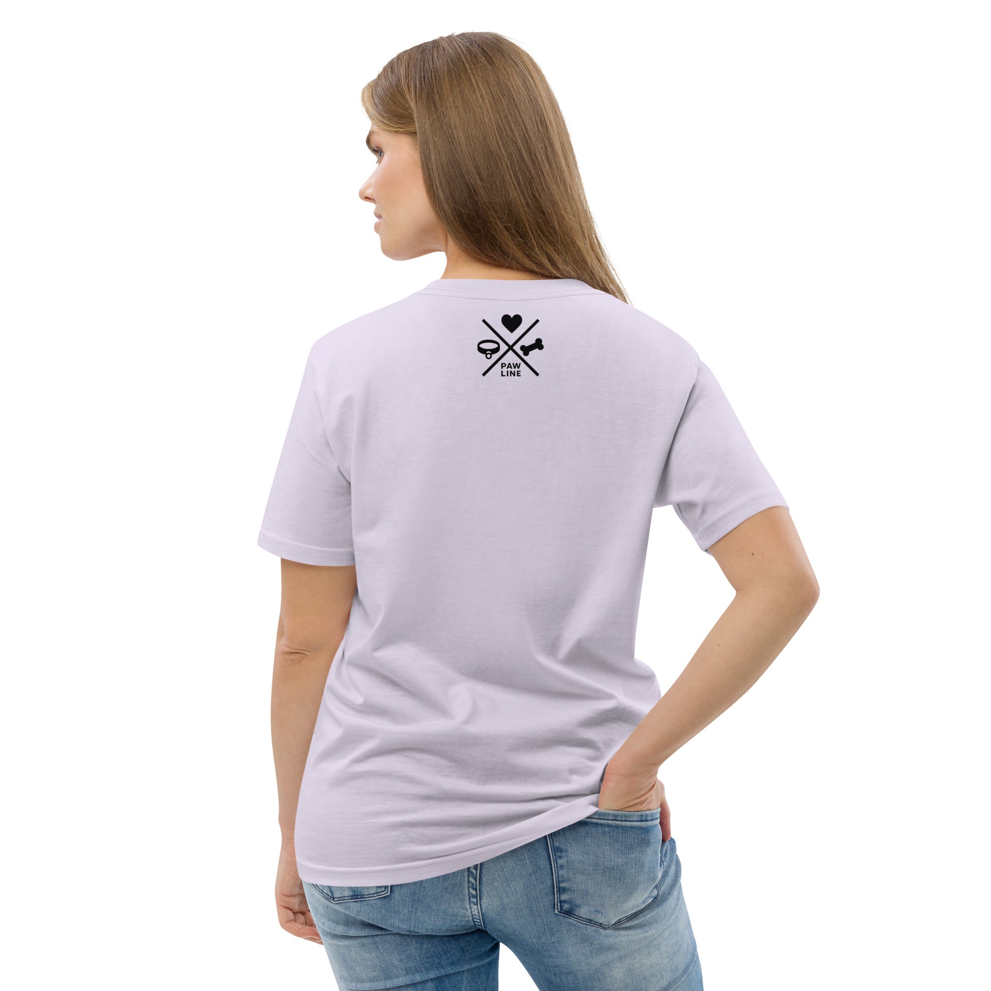 Unisex-T-Shirt in Lavendel, Rückansicht mit kleinem Print aus Herz, Pfote und Stiftkreuz
