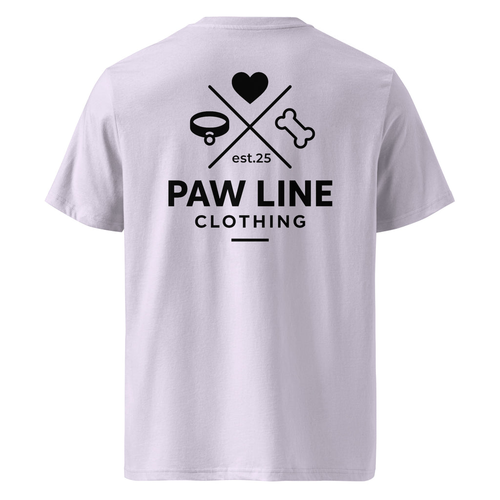 Bio-Baumwoll-T-Shirt in hellem Lila mit großem Backprint „PAW LINE CLOTHING“