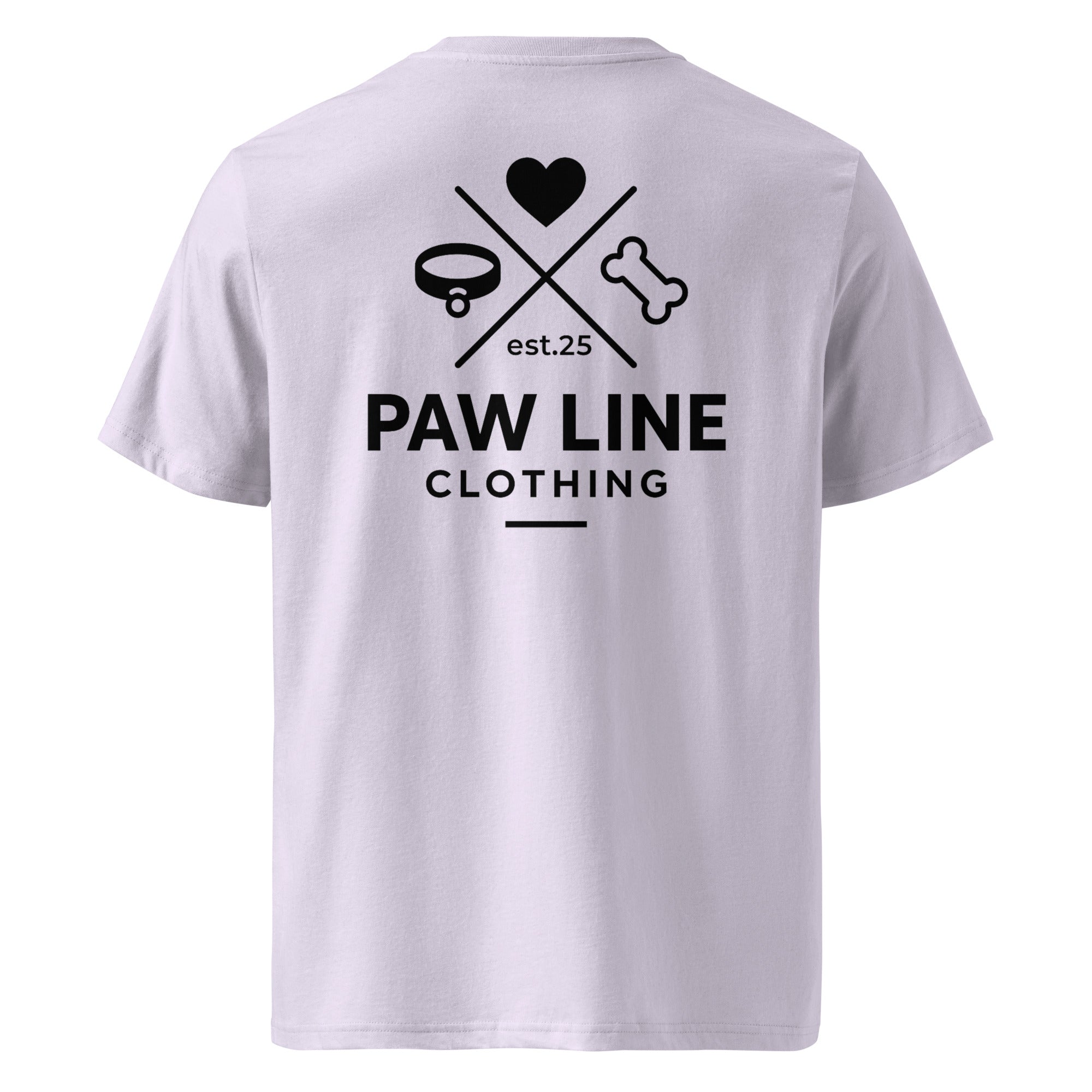 Bio-Baumwoll-T-Shirt in hellem Lila mit großem Backprint „PAW LINE CLOTHING“