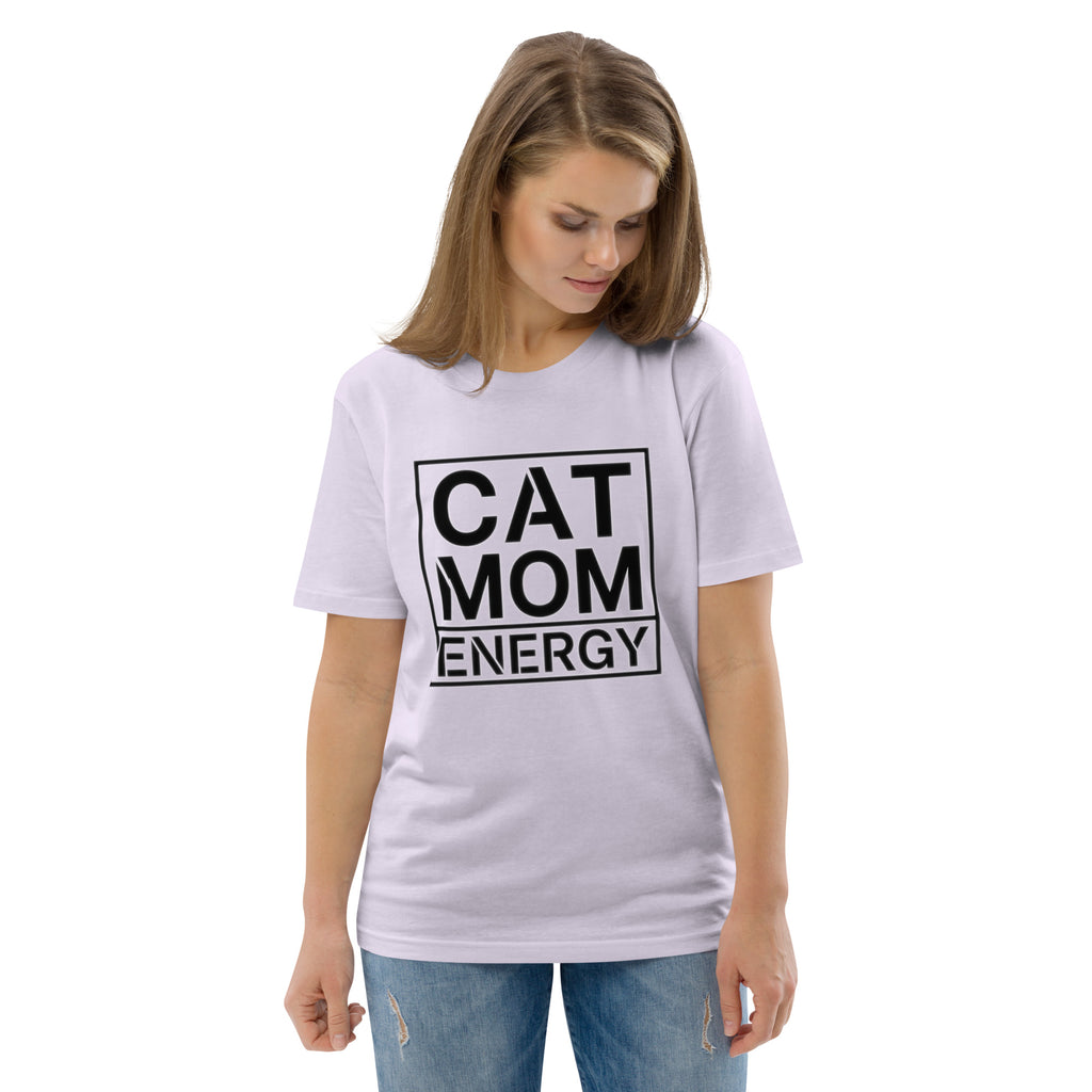 Lavendelfarbenes T-Shirt mit Frontmotiv „CAT MOM ENERGY“ und Rundhalsausschnitt