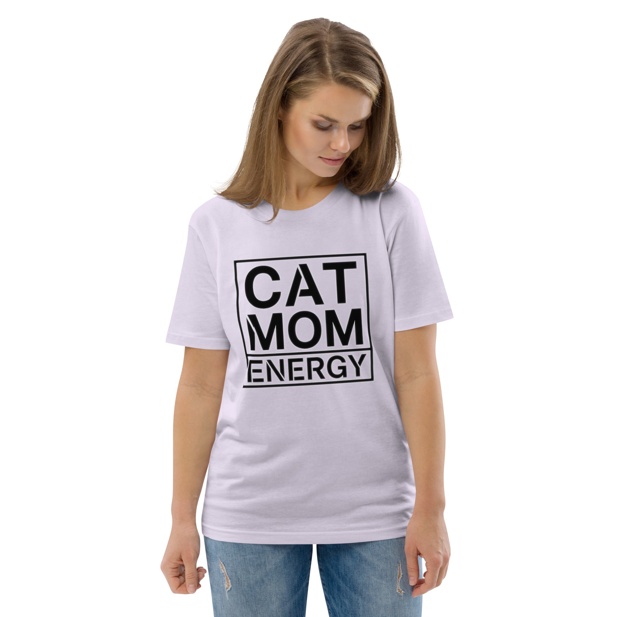Lavendelfarbenes T-Shirt mit Frontmotiv „CAT MOM ENERGY“ und Rundhalsausschnitt