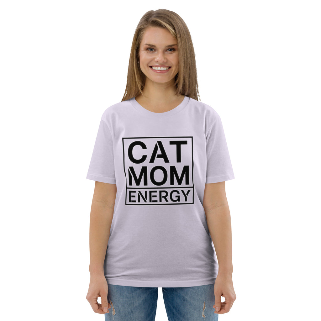 Lavendelfarbenes T-Shirt mit Frontaufdruck „CAT MOM ENERGY“ und Rundhalsausschnitt