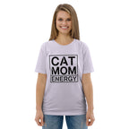 Lavendelfarbenes T-Shirt mit Frontaufdruck „CAT MOM ENERGY“ und Rundhalsausschnitt