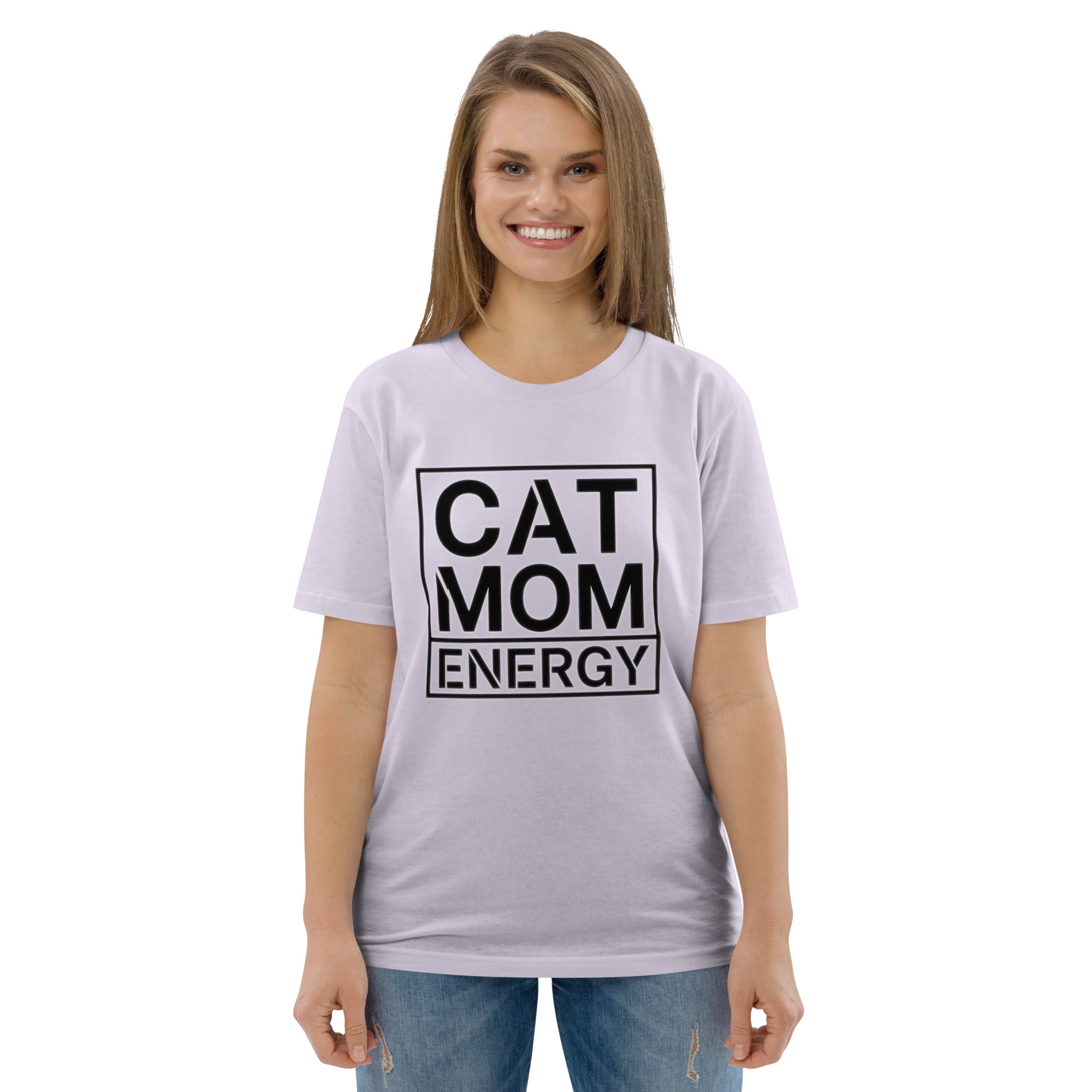 Lavendelfarbenes T-Shirt mit Frontaufdruck „CAT MOM ENERGY“ und Rundhalsausschnitt