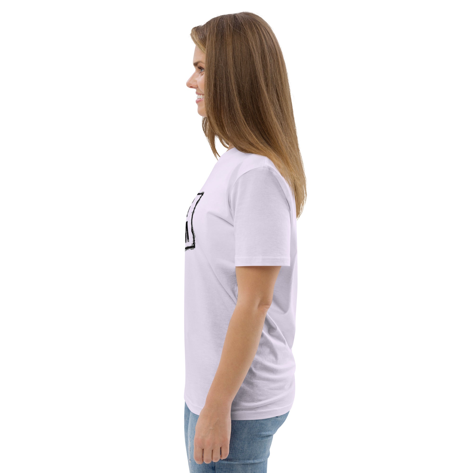 Unisex-T-Shirt in Lavendel, Seitenansicht mit sichtbarem Ärmel und Stofffall
