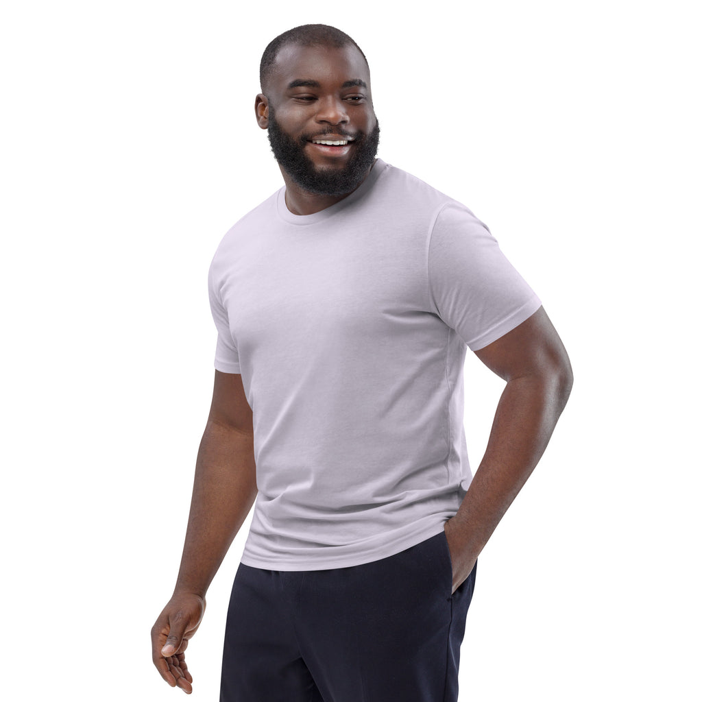 Unisex-Bio-Baumwoll-T-Shirt, helles Weiß, Rundhals, Vorderansicht im Dreiviertelprofil