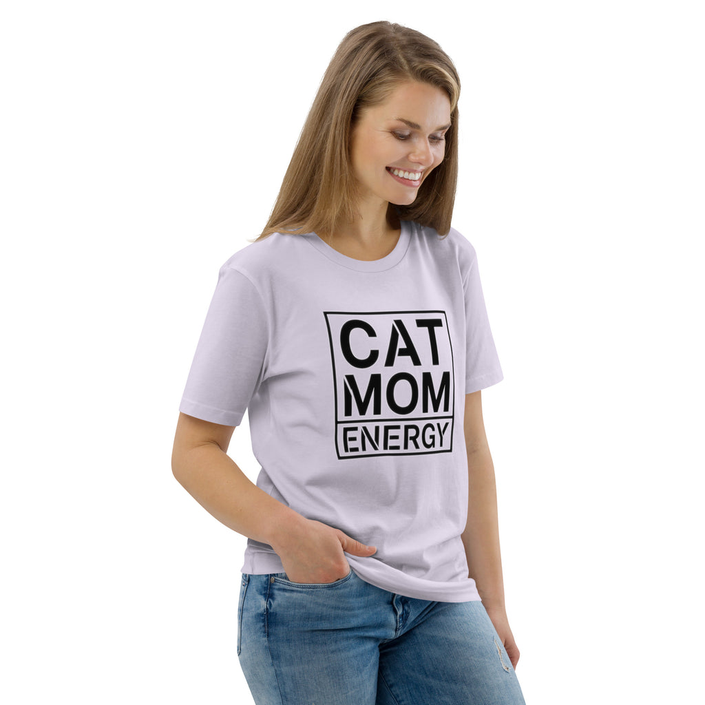Lavendelfarbenes T-Shirt mit Frontmotiv „CAT MOM ENERGY“ und kurzem Ärmel