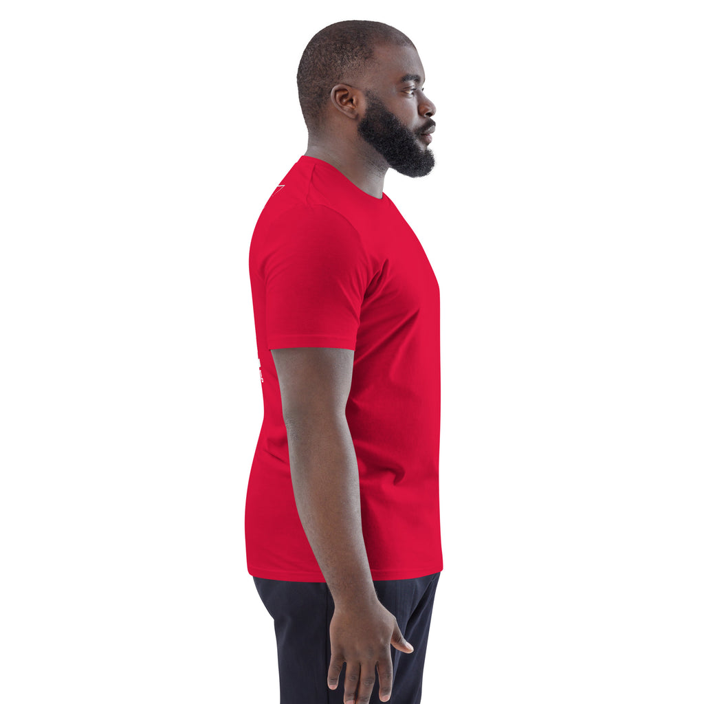 Unisex-Bio-Baumwoll-T-Shirt, rot, Schulter- und Seitenansicht