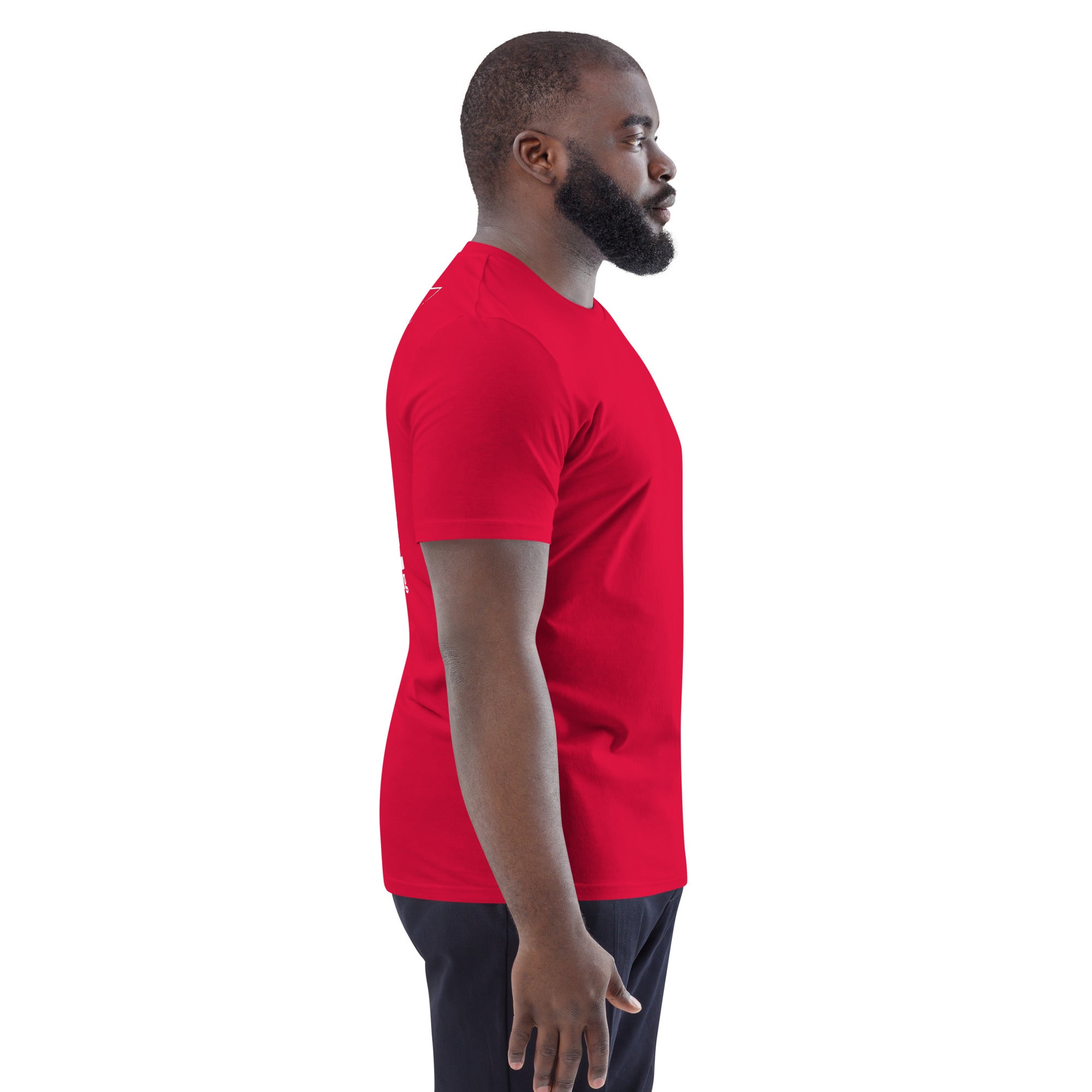 Unisex-Bio-Baumwoll-T-Shirt, rot, Schulter- und Seitenansicht
