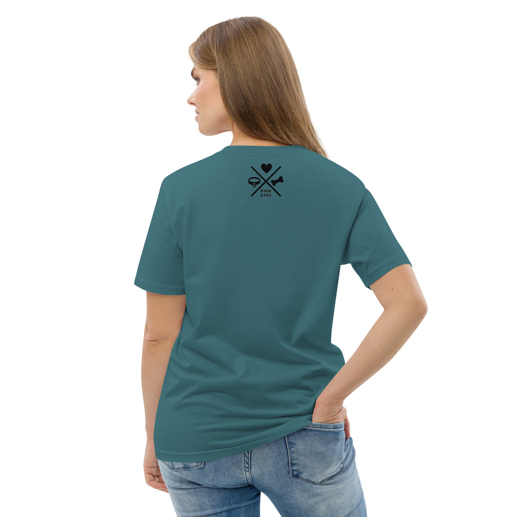 Petrolfarbenes T-Shirt in Rückenansicht mit kleinem Katzenmotiv-Print