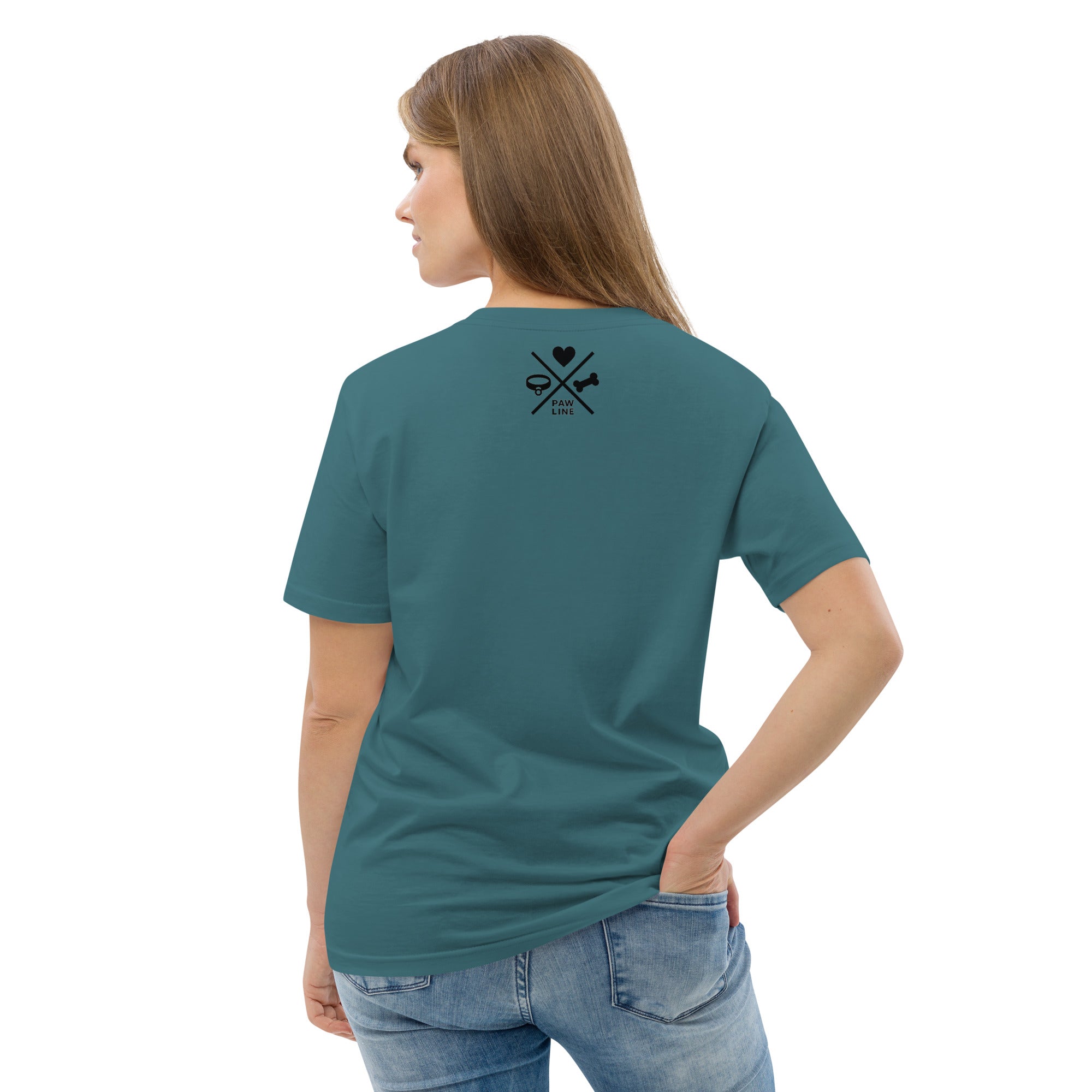 Tees-Shirt (unisex) petrol mit kleinem Pawline-Logo und Herzkreuz-Print hinten