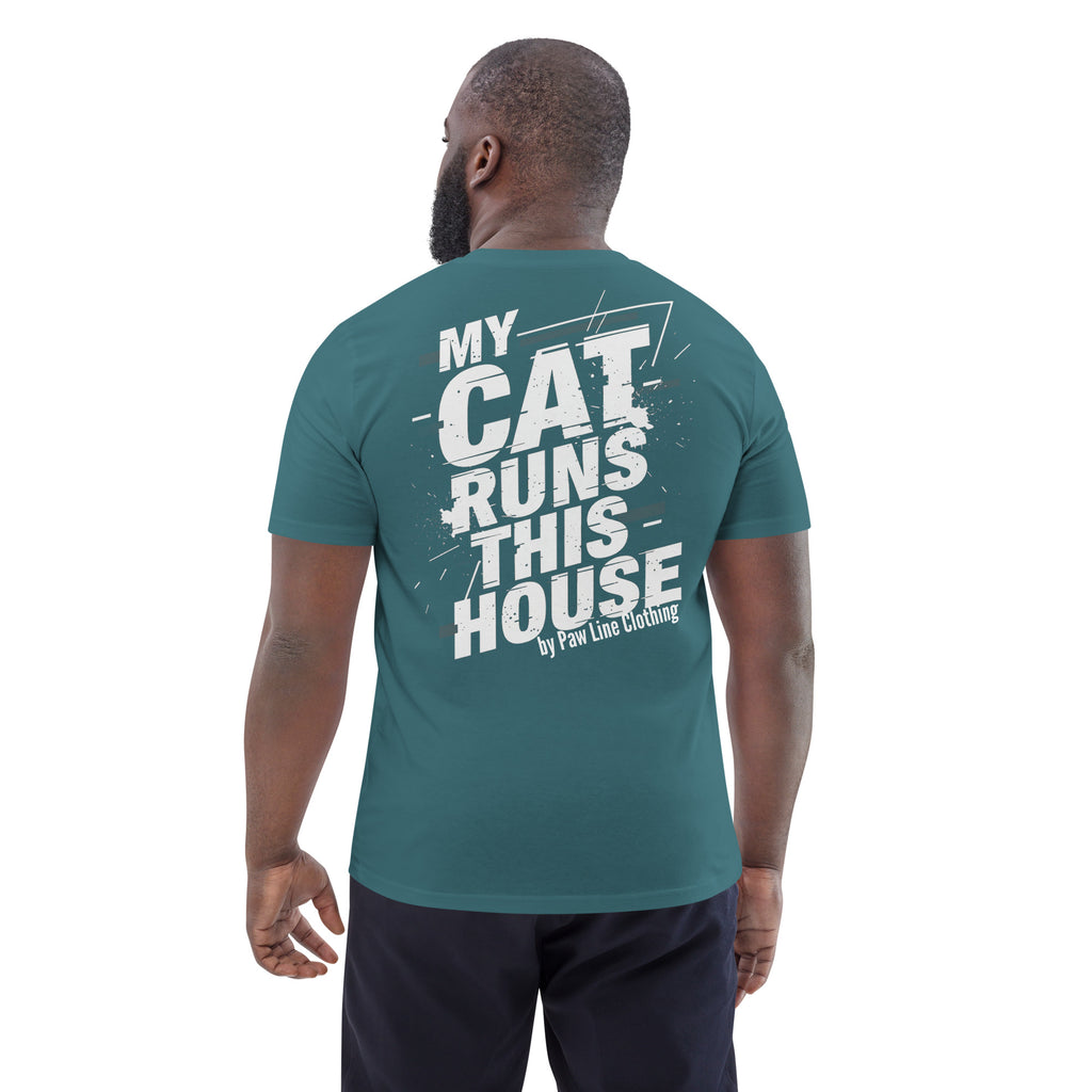 Unisex-Bio-Baumwoll-T-Shirt petrolgrün, Rückseitenaufdruck „MY CAT RUNS THIS HOUSE“