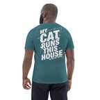 Unisex-Bio-Baumwoll-T-Shirt petrolgrün, Rückseitenaufdruck „MY CAT RUNS THIS HOUSE“