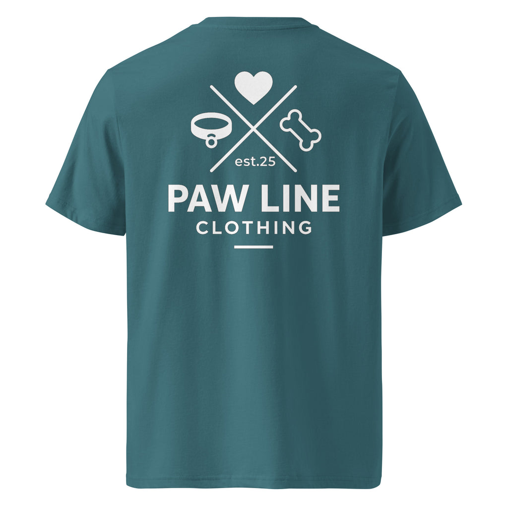 Petrolfarbenes T-Shirt mit Rückenprint „PAW LINE CLOTHING“
