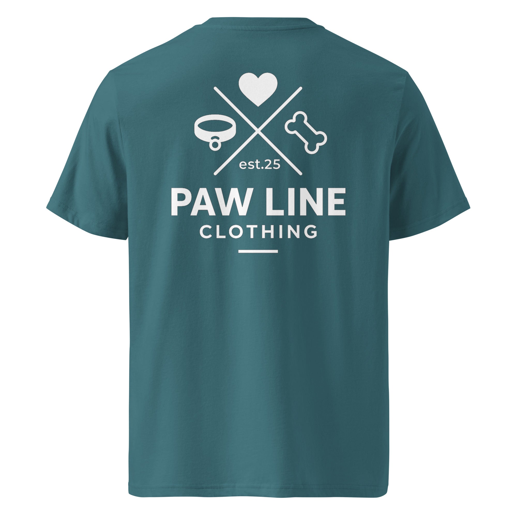 Petrolfarbenes T-Shirt mit Rückenprint „PAW LINE CLOTHING“