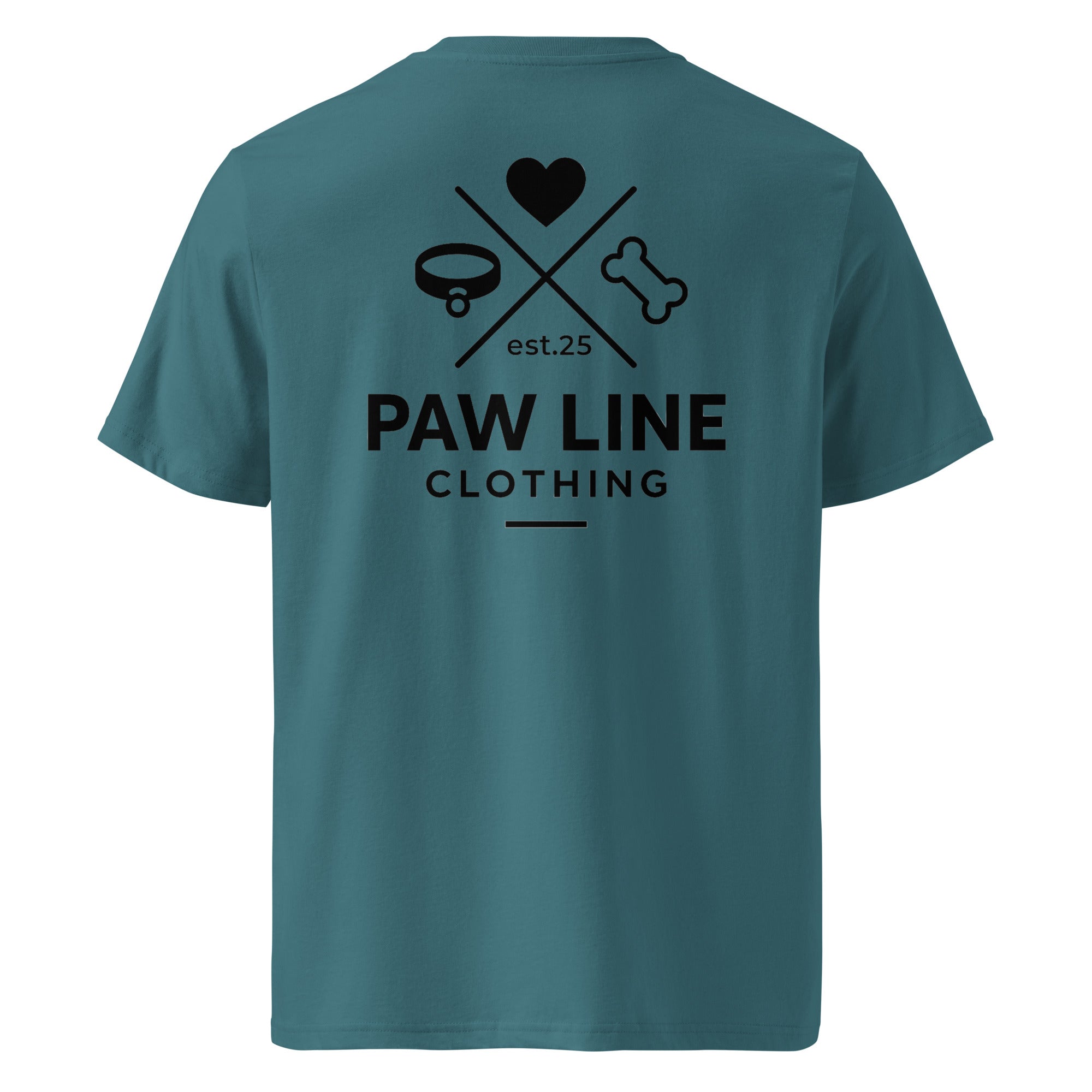 Petrolfarbenes Bio-Baumwoll-T-Shirt mit großer Paw Line Rücken-Grafik und est.25