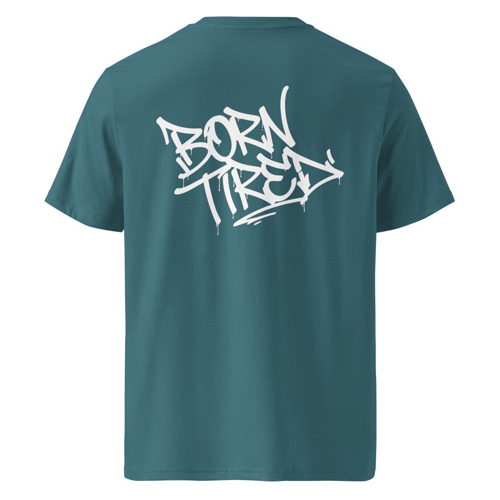 Petrolfarbenes T-Shirt mit Graffiti-Print, Rückansicht