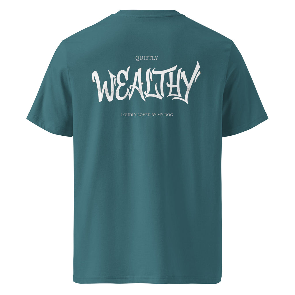 Petrolfarbenes Bio-Baumwoll-T-Shirt mit Schriftzug WEALTHY auf der Rückseite
