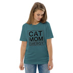 Petrolfarbenes T-Shirt mit vorn sichtbarem „CAT MOM ENERGY“-Print
