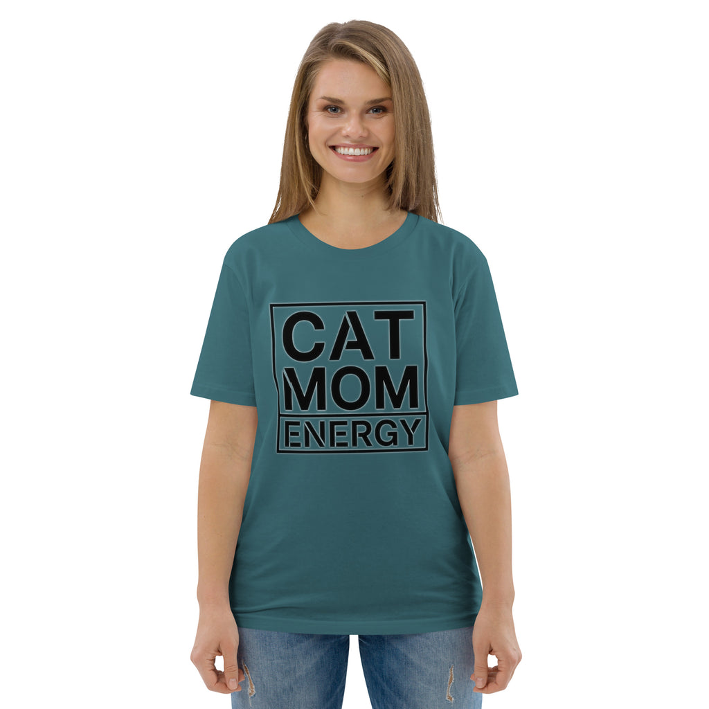 Petrolfarbenes T-Shirt mit Rundhalsausschnitt und „CAT MOM ENERGY“-Print