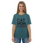 Petrolfarbenes T-Shirt mit Rundhalsausschnitt und „CAT MOM ENERGY“-Print