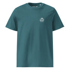 Petrolfarbenes Bio-Baumwoll-T-Shirt mit kleinem Brustprint im Herz-Knochen-Design