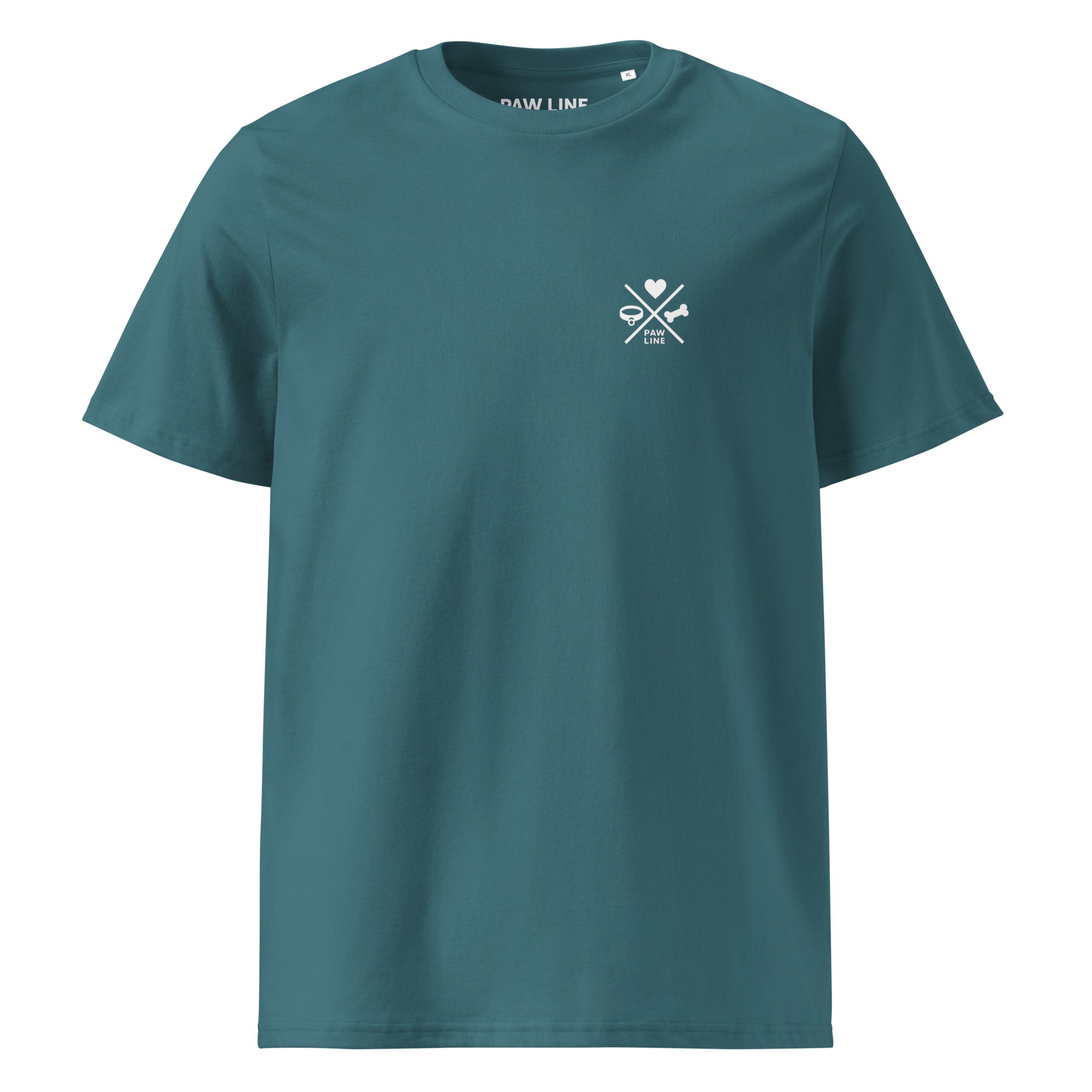 Petrolfarbenes Bio-Baumwoll-T-Shirt mit kleinem Brustprint im Herz-Knochen-Design