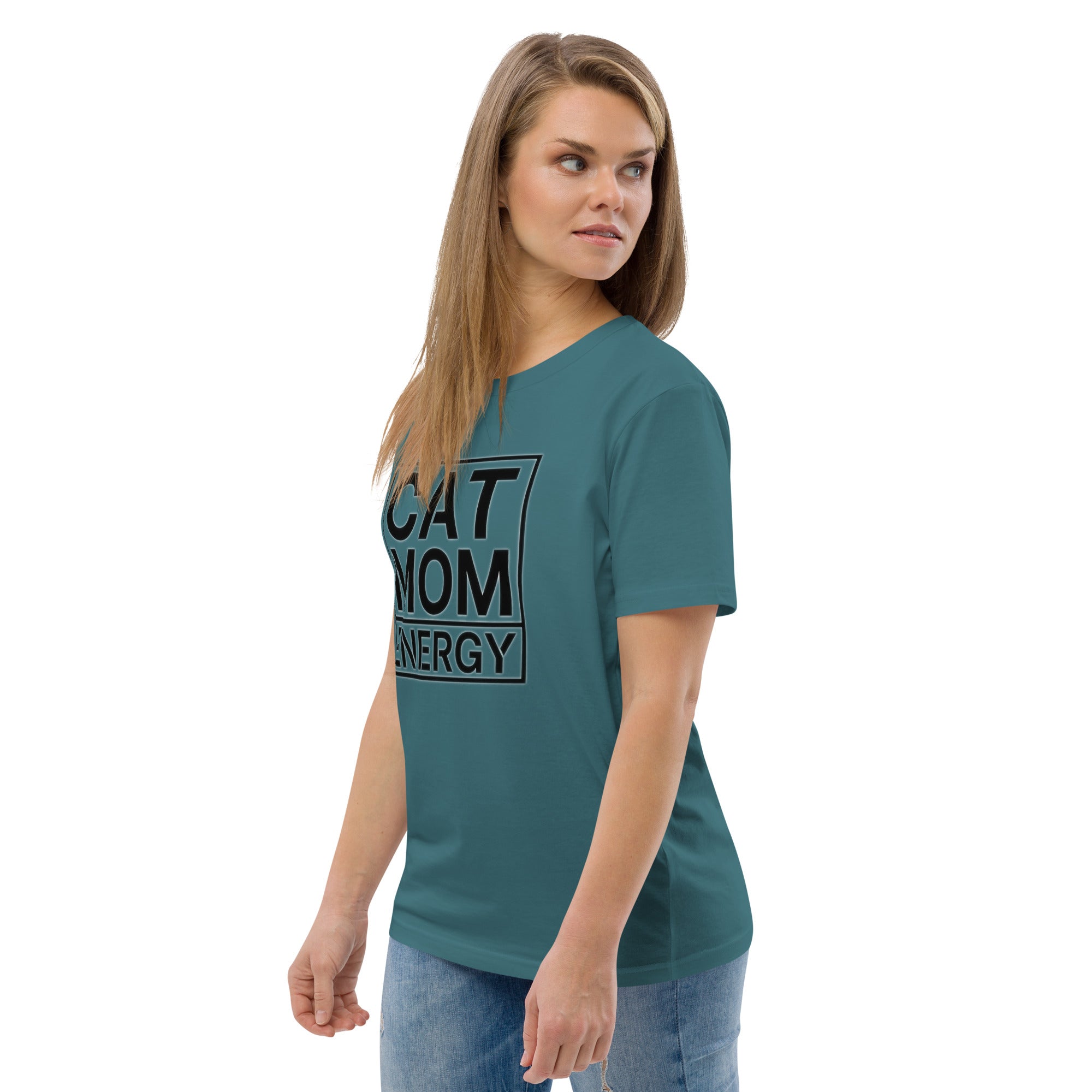 Petrolfarbenes T-Shirt in Seitenansicht mit Teilprint „CAT MOM ENERGY“