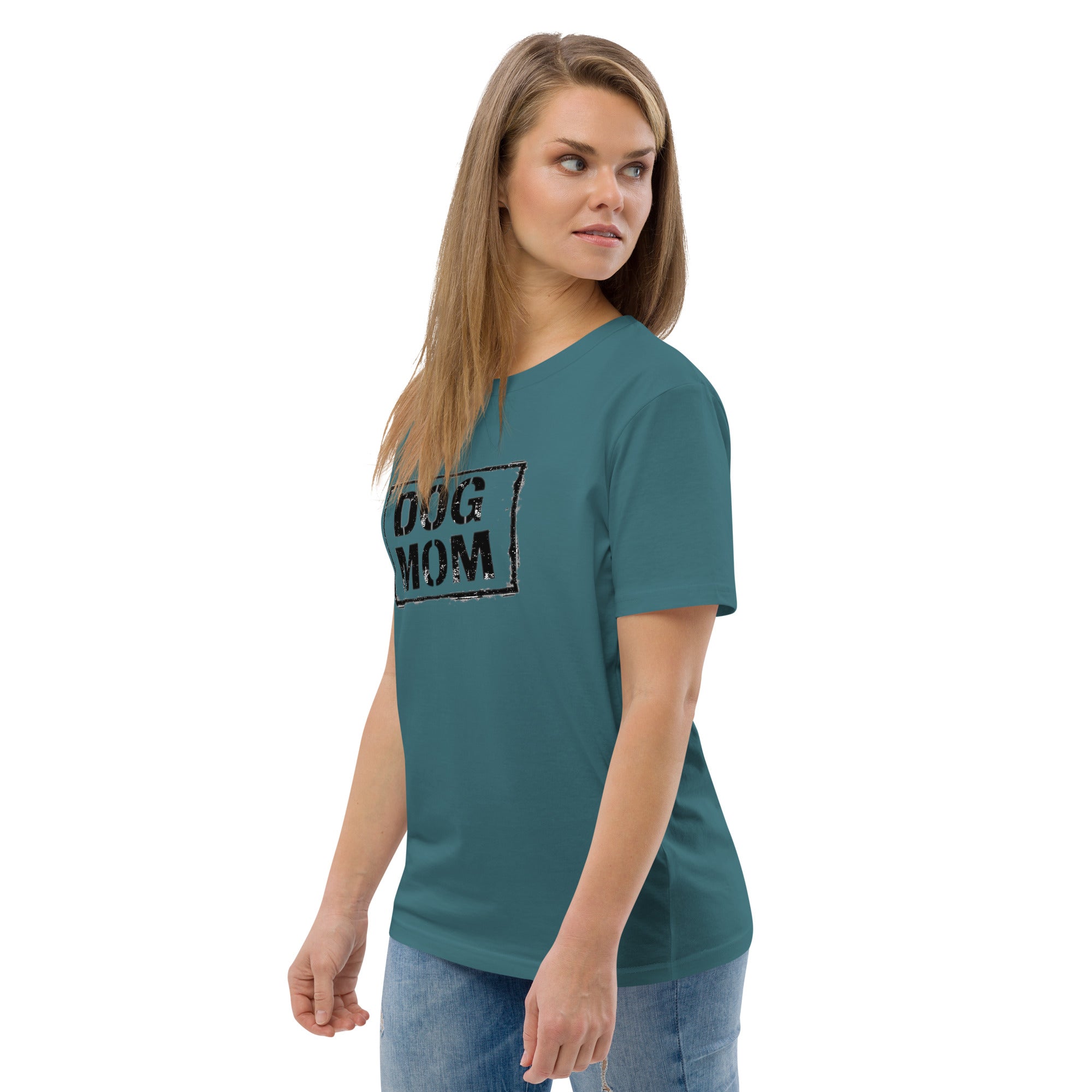 Unisex-T-Shirt petrol mit „DOG MOM“-Vintage-Print vorn
