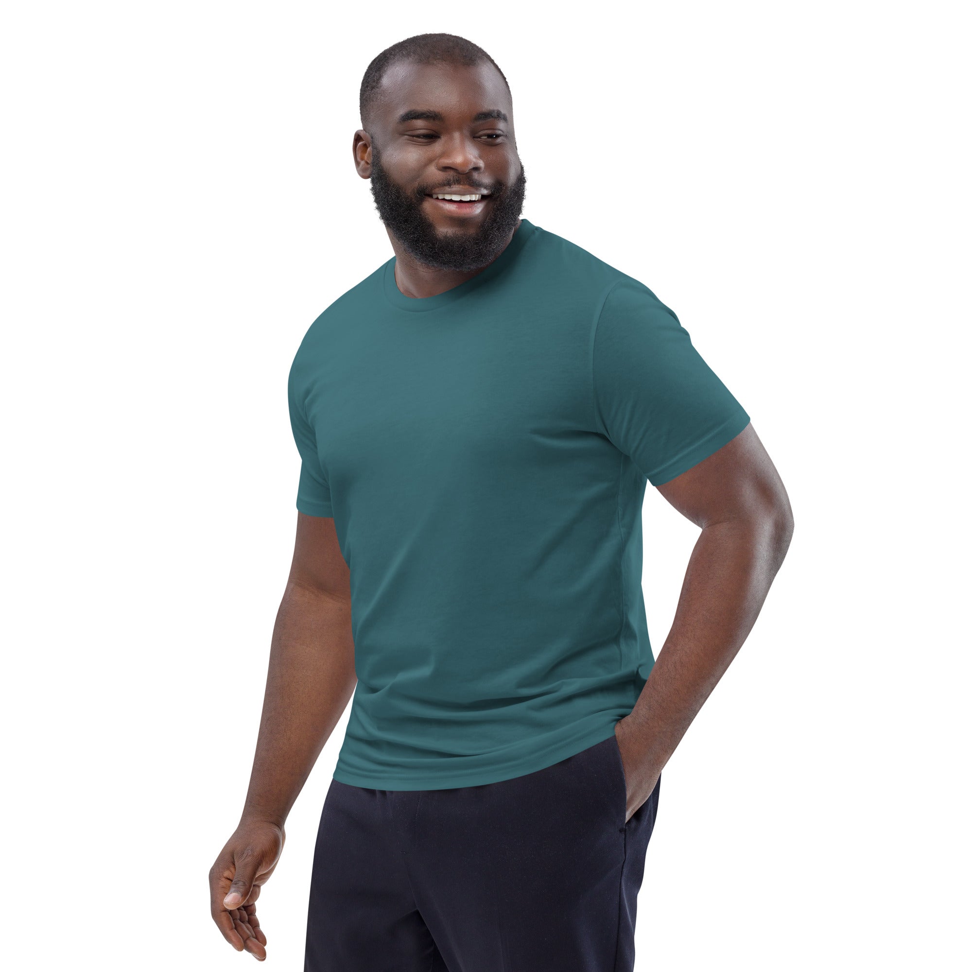 Unisex-Bio-Baumwoll-T-Shirt petrolgrün, Vorderansicht mit Rundhalsausschnitt