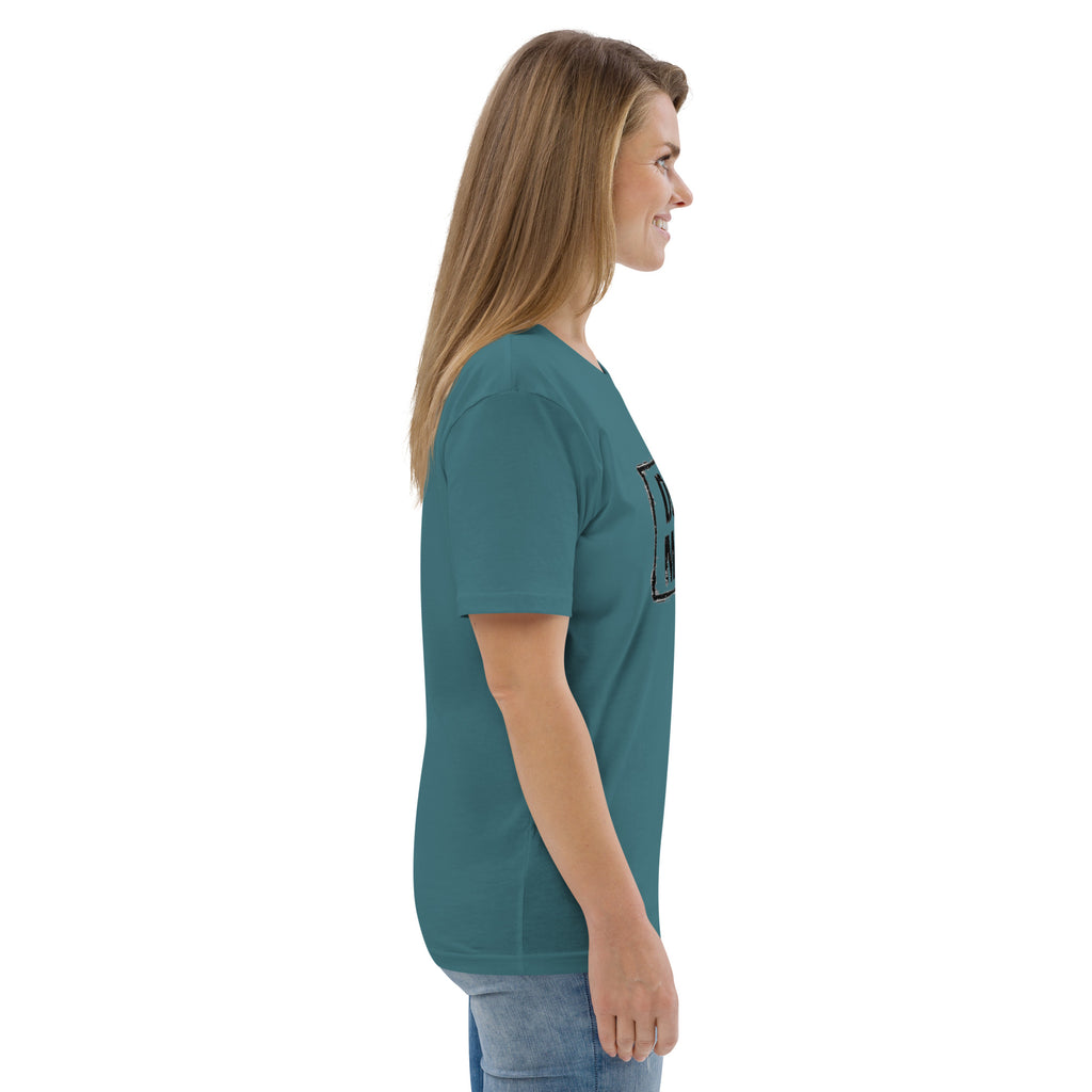 Unisex-T-Shirt petrol, seitliche Ansicht mit großem „DOG MOM“-Print
