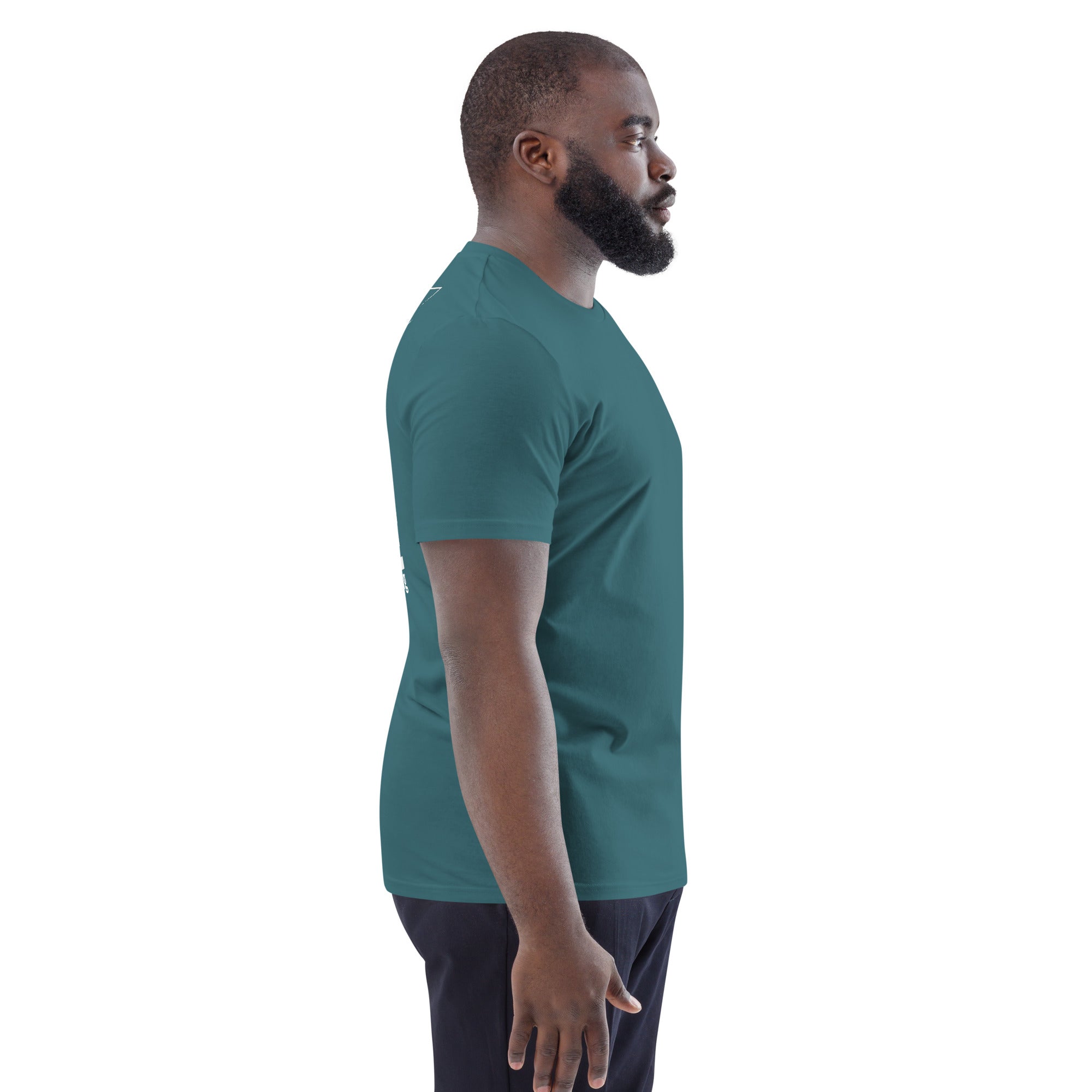 Unisex-Bio-Baumwoll-T-Shirt petrolgrün, 3/4-Seitenansicht, einfarbig