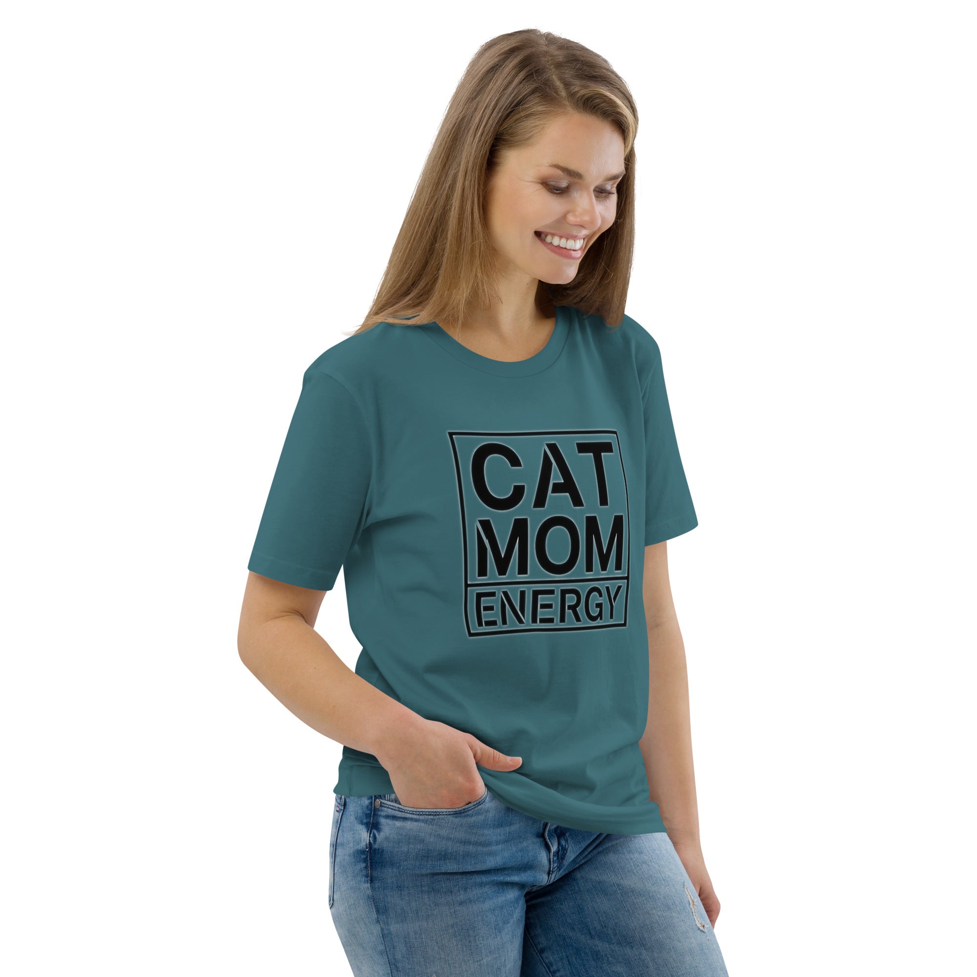 Petrolfarbenes T-Shirt mit „CAT MOM ENERGY“-Print auf der Vorderseite