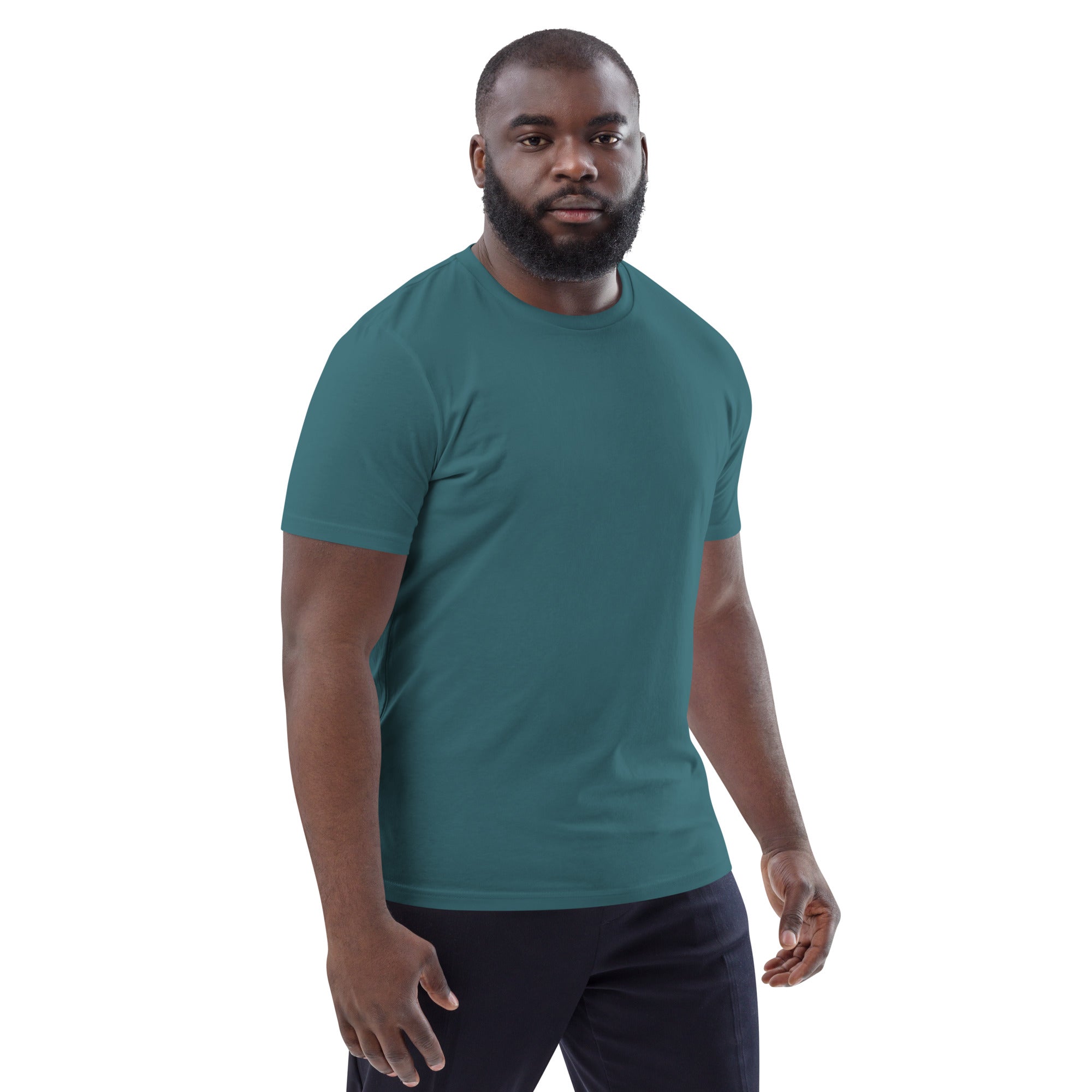 Unisex-Bio-Baumwoll-T-Shirt petrolgrün, Frontansicht, glatt und unbedruckt