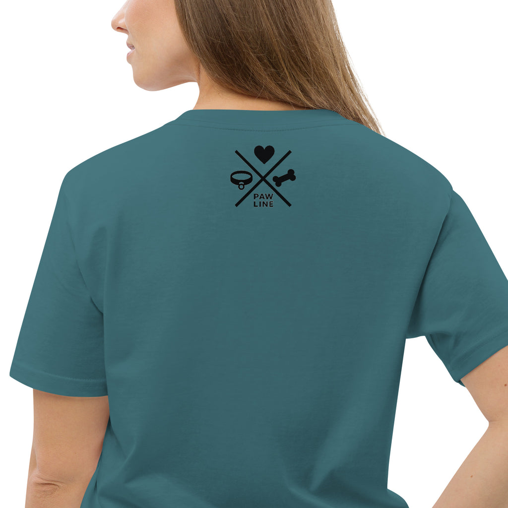 Rückseite Unisex-T-Shirt petrol mit Pawline-Logo, Nahansicht des Prints