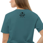Rückseite Unisex-T-Shirt petrol mit Pawline-Logo, Nahansicht des Prints