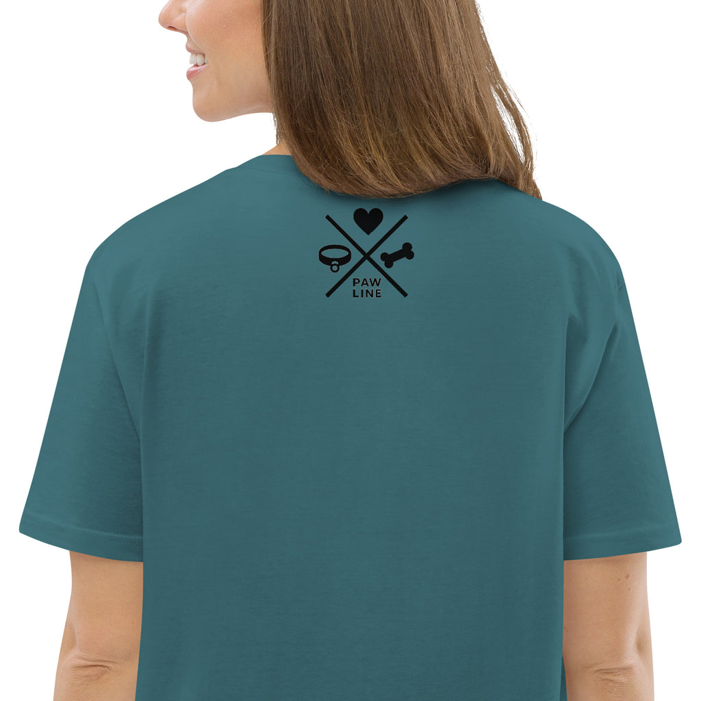 Rückseite Unisex-T-Shirt petrol mit Pawline-Logo und Herzkreuz über dem Nacken
