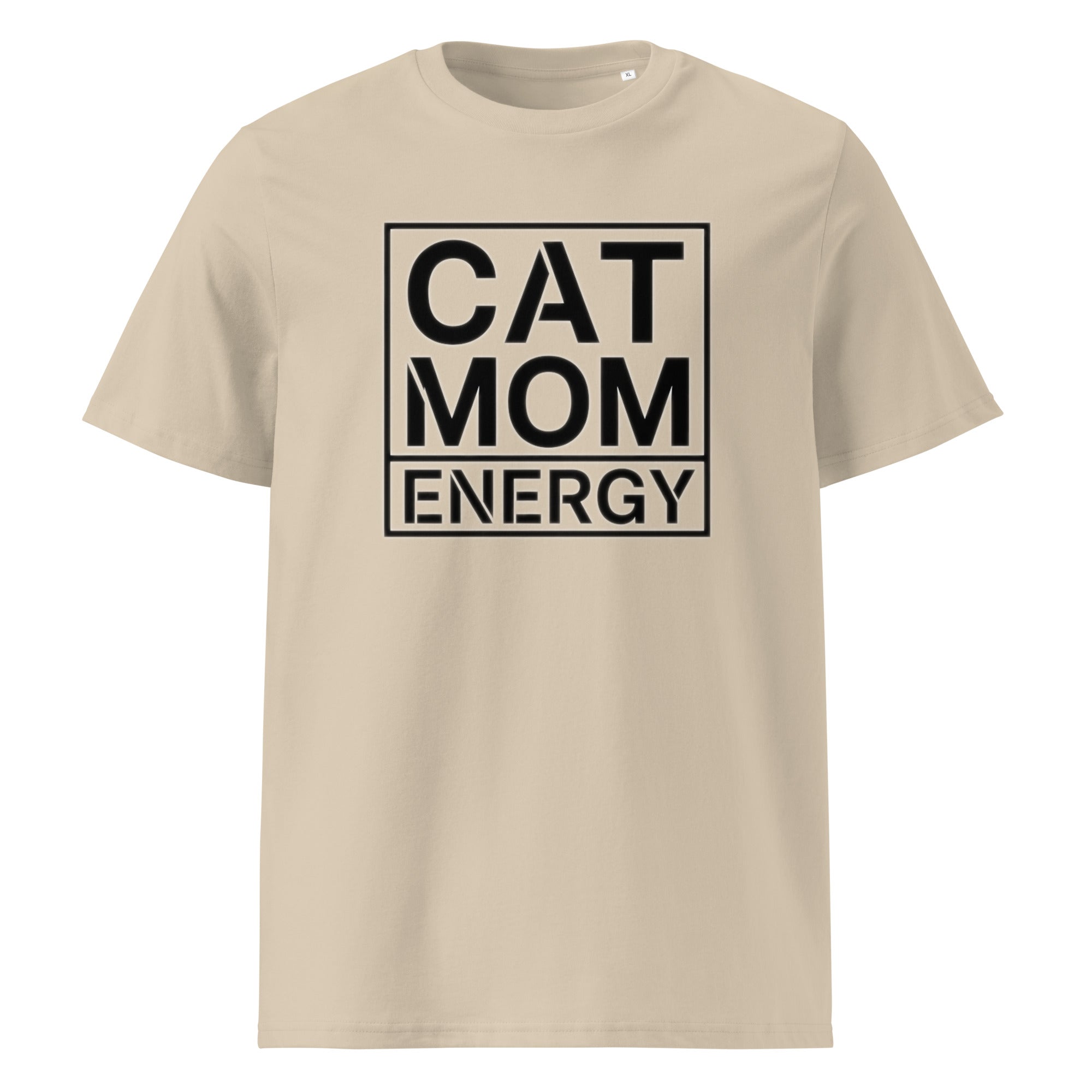 Kurzarm-T-Shirt in Desert Dust mit großer „CAT MOM ENERGY“-Grafik auf der Vorderseite