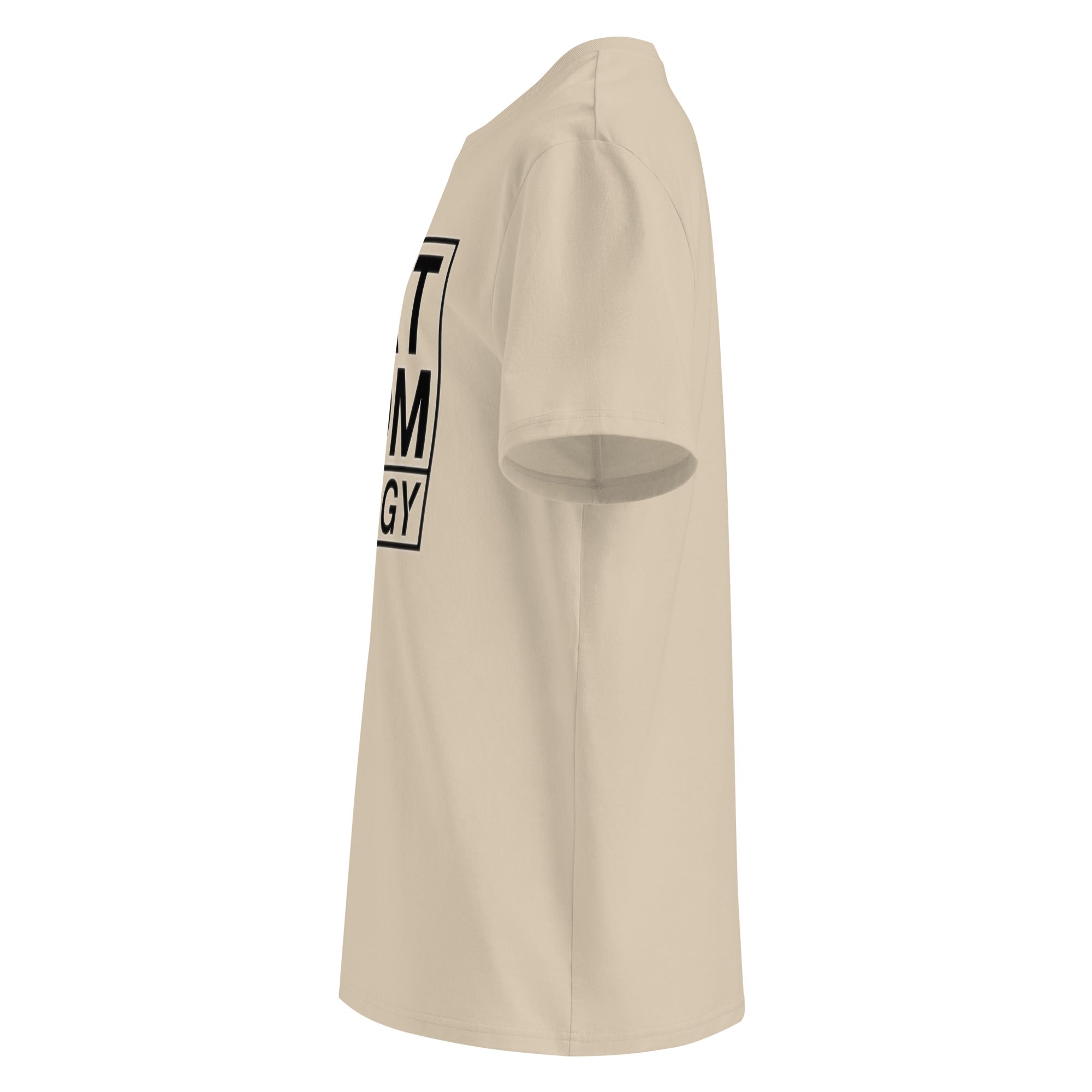 Desert-Dust Kurzarm-T-Shirt, seitlicher Blick mit Teil der „CAT MOM ENERGY“-Grafik